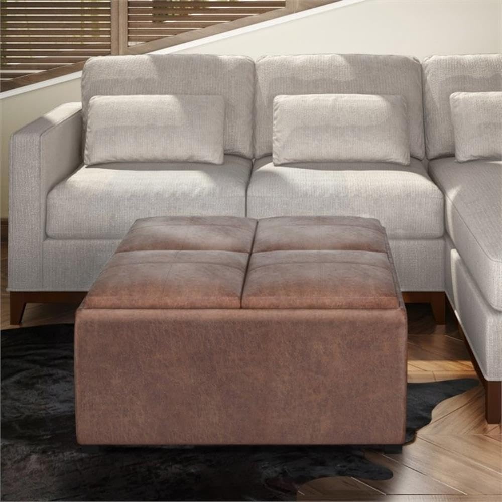 Modern Square Storage Ottoman Footrest | Upholstered Leather Accent Stool for Living Room, Bedroom, Entryway & Home Décor Seating