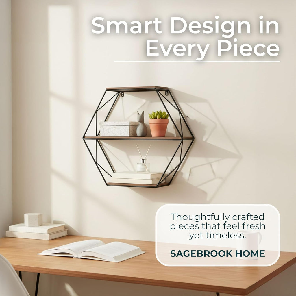 Modern Hexagon Metal Wall Shelf Set | Geometric Floating Wall Storage Rack for Living Room, Bedroom & Home Décor Display