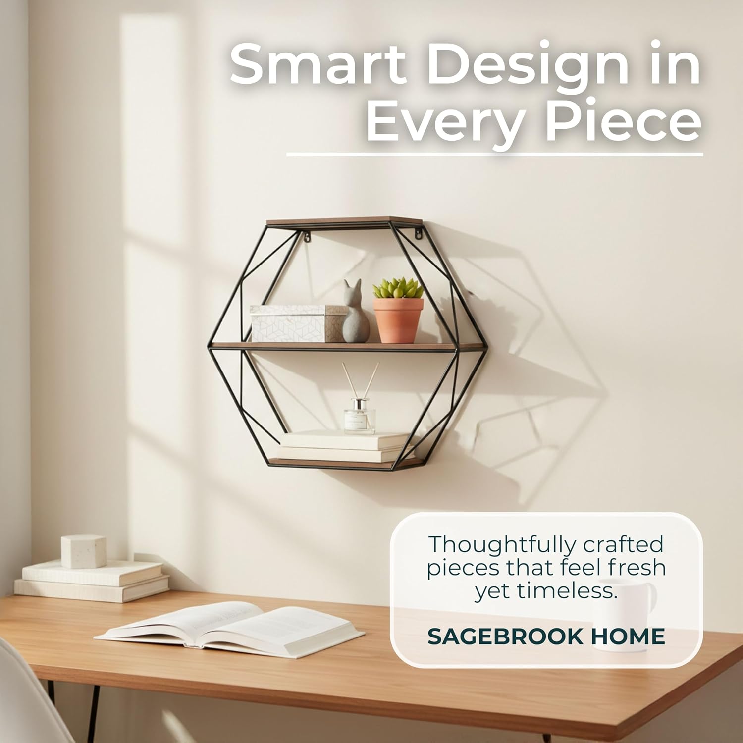 Modern Hexagon Metal Wall Shelf Set | Geometric Floating Wall Storage Rack for Living Room, Bedroom & Home Décor Display