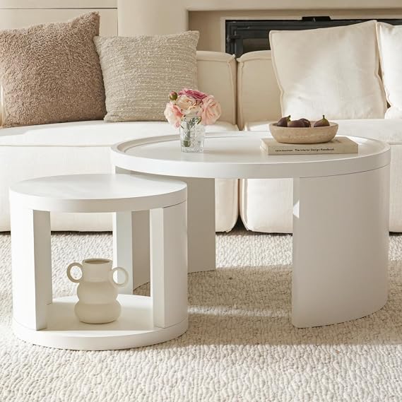 Modern Nesting Coffee Table Set | Minimalist Round Side Tables for Living Room, Bedroom & Small Space Home Décor Furniture