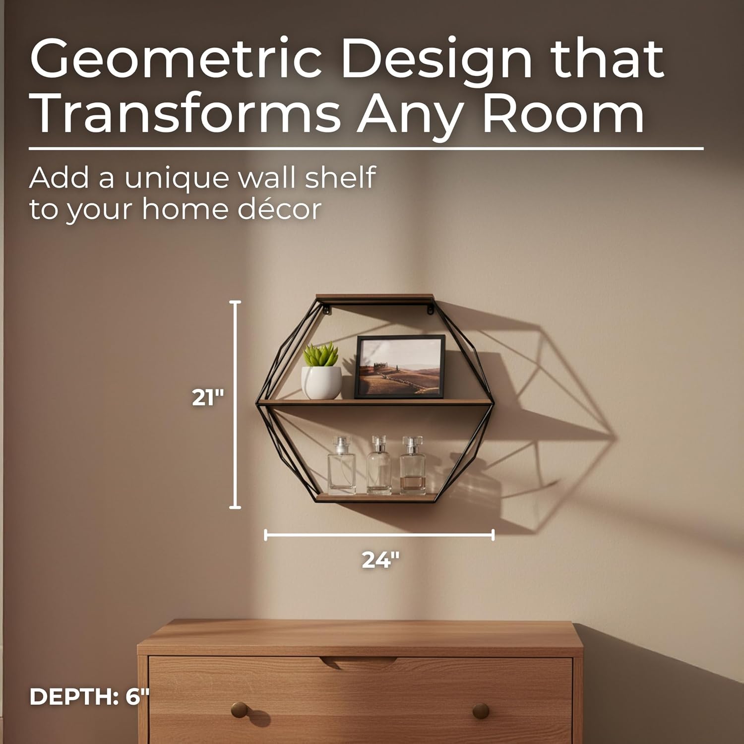 Modern Hexagon Metal Wall Shelf Set | Geometric Floating Wall Storage Rack for Living Room, Bedroom & Home Décor Display