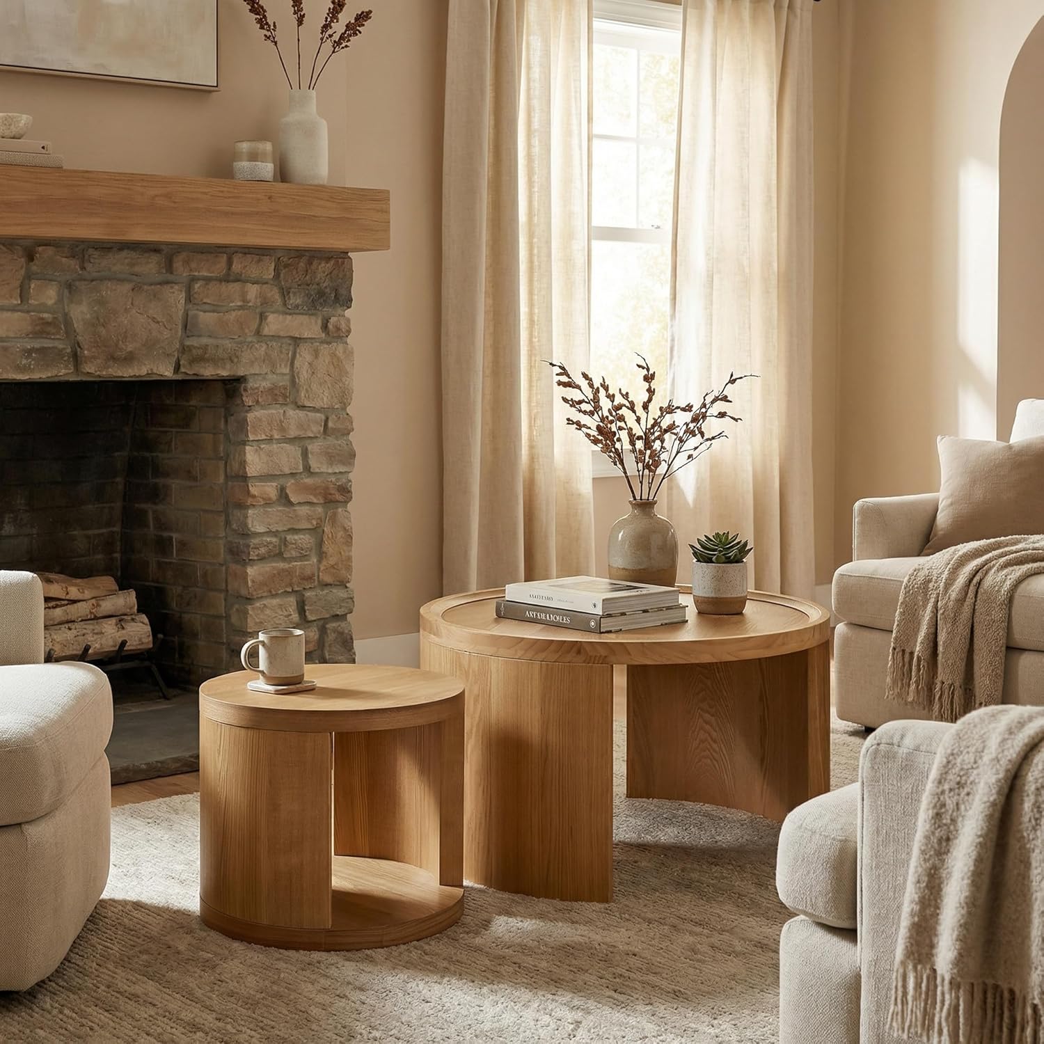 Modern Nesting Coffee Table Set | Minimalist Round Side Tables for Living Room, Bedroom & Small Space Home Décor Furniture