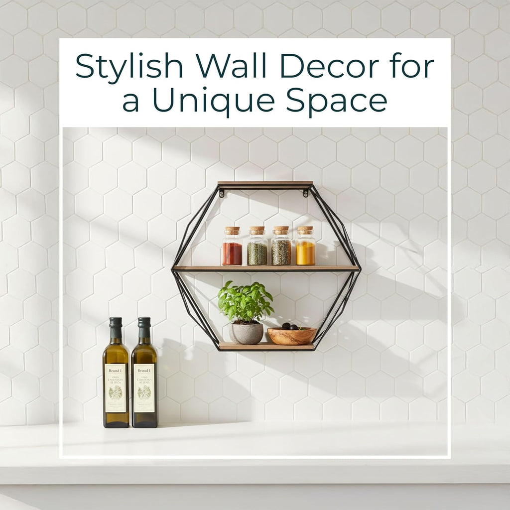 Modern Hexagon Metal Wall Shelf Set | Geometric Floating Wall Storage Rack for Living Room, Bedroom & Home Décor Display